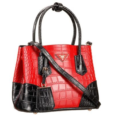 New Peada Double Black&Red Crocodilee Leather Tote Bag Leather Triangle Logo Flat Bottom Replica
