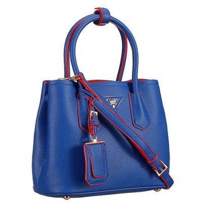 Prada Bi-Color Grainy Leather Tote Bags Blue/Red Leather Trimming Flat Bottom With Protective Studs 