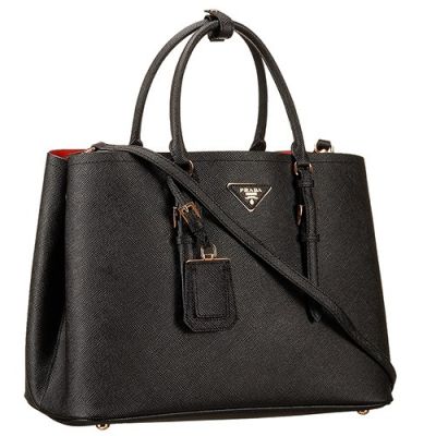 Classical Black Leather Prada Double City Bags Top Rolled Handles Removable Adjustable Shoulder Strap Flat Bottom Replica