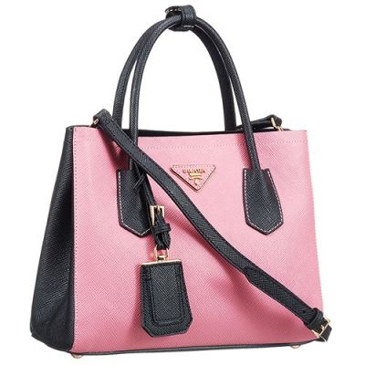 Vogue Prada Medium Double Bi-Color Grainy Leather Tote Bags Pink/Black Gold Hardware Free Shipping  Replica