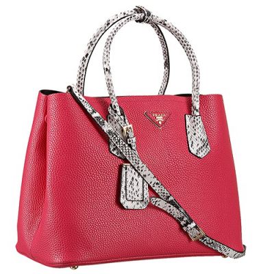 Prada Double Large Red Grainy Leather City Bags Python Leather Rolled Top Handles Replica Selling